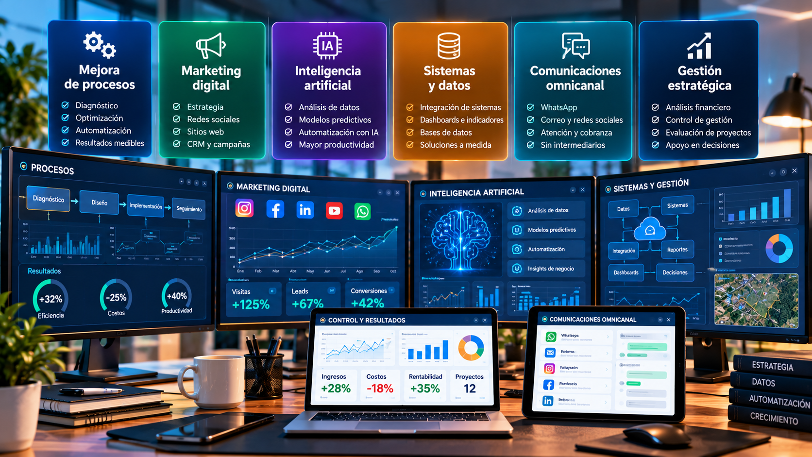 Centro de mando digital con procesos, marketing, inteligencia artificial, sistemas, comunicaciones y gestión